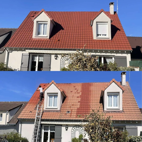 Avant après la pose d’un hydrofuge colorée Dalep ( brun rouge ) sur la commande de Rambouillet
